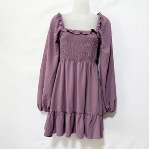 Le Lis Mauve Smocked Bodice Dress S Square Neck Long Sleeve Milkmaid Babydoll